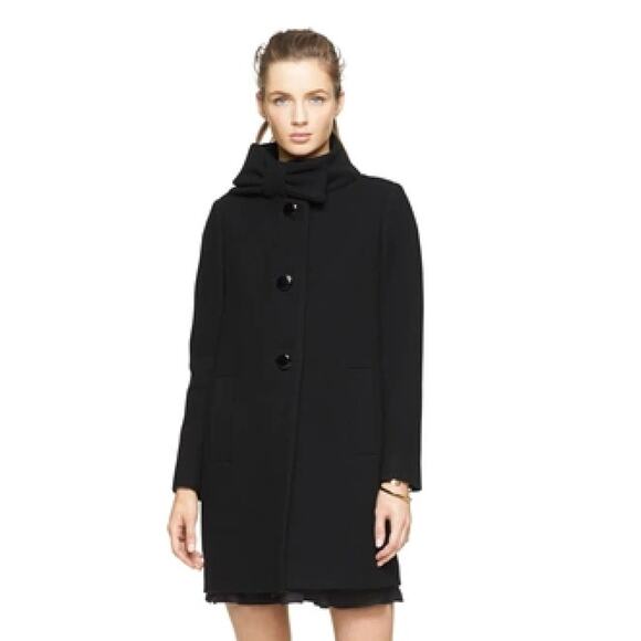 Kate Spade Dorothy Bow Neck Coat Black Wool Button Front Sz 6 Women's